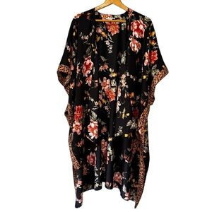 American Eagle Black Pink Floral Open Front Kimono Wrap Size O/S Boho Chic